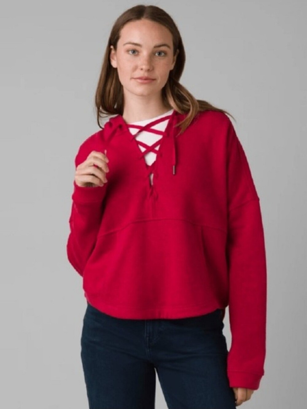 Prana Cozy Up Illana Lace Hoodie Sweatshirt Red Berry Heather Medium